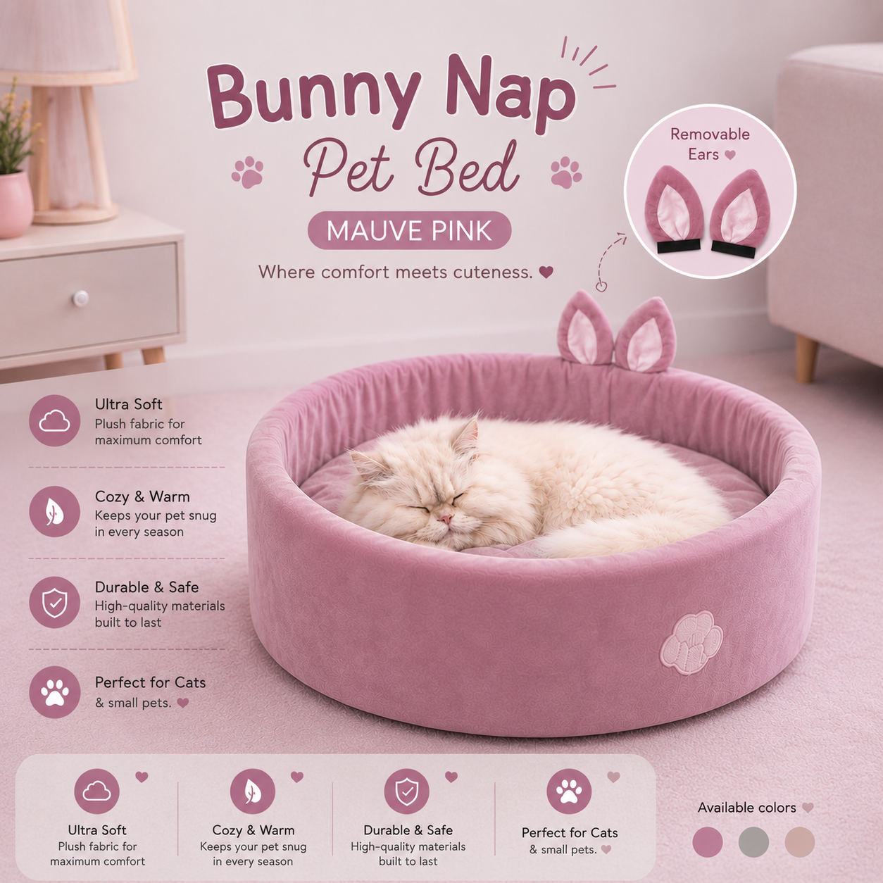 Bunny Nap Pet bed - Mauve Pink🐰