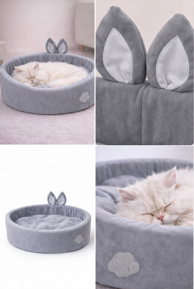 Gray pet bed with bunny ears and paw prints, shown from different angles.