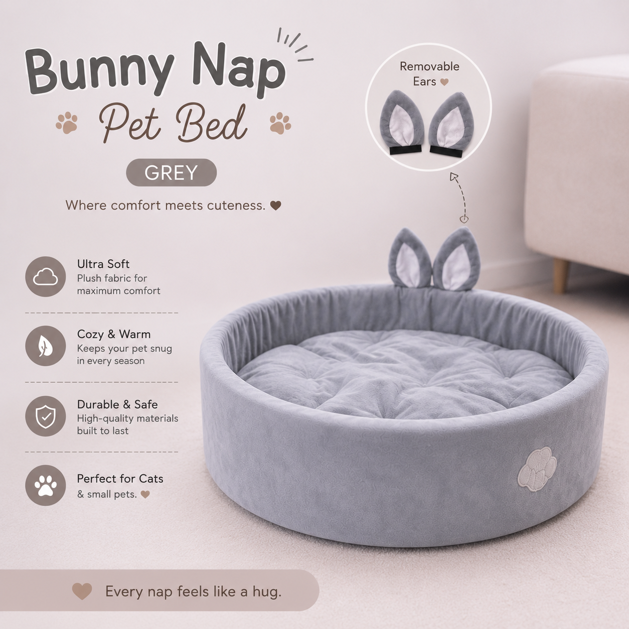 Bunny Nap Pet bed - Grey 🐰
