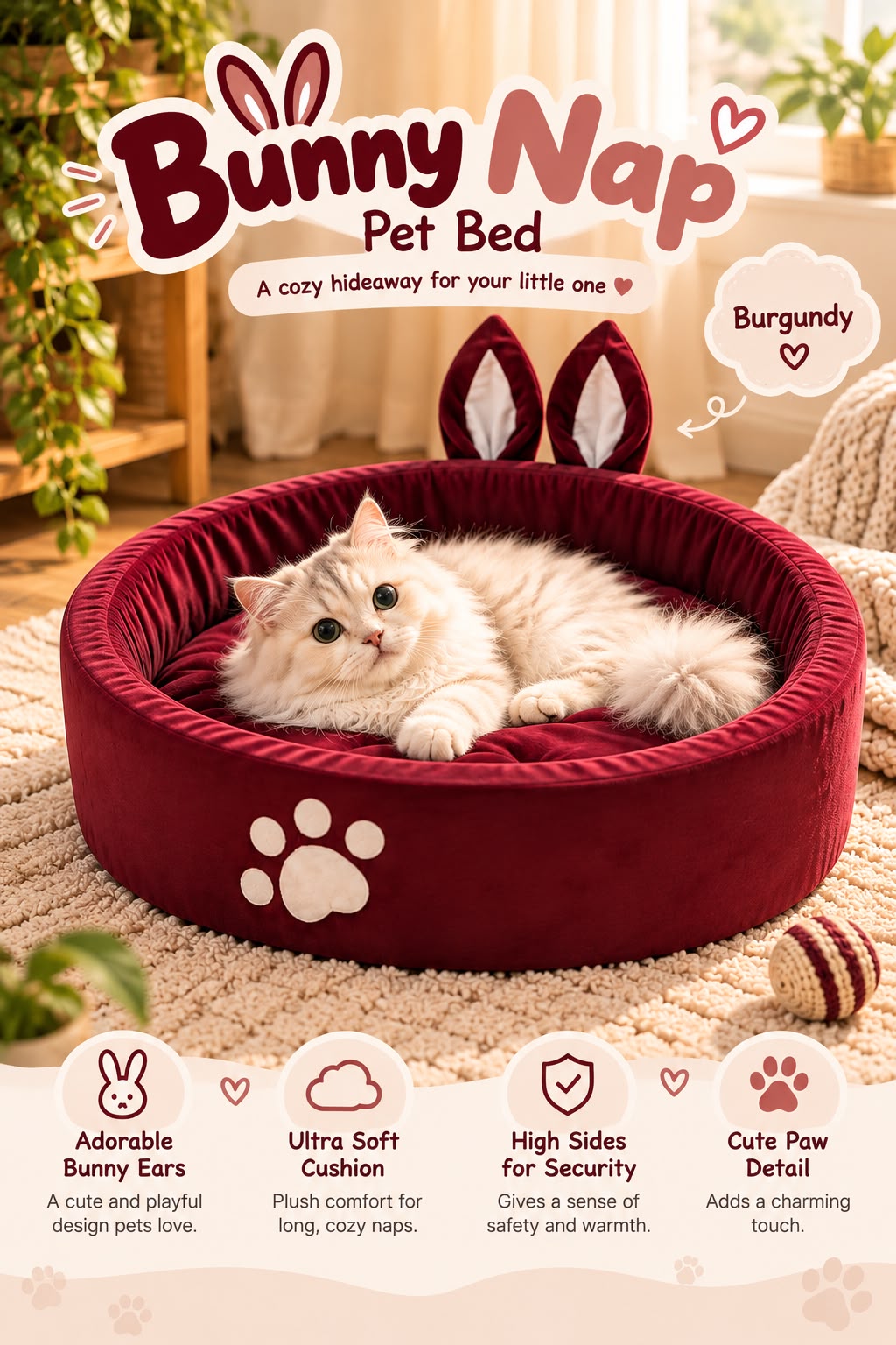 Bunny Nap Pet bed - Burgundy 🥀🐾