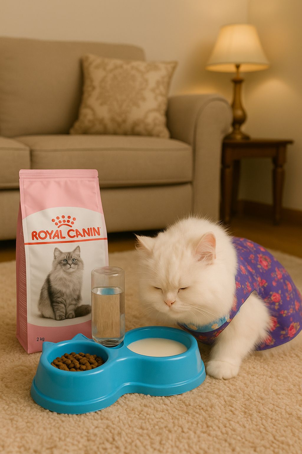 Cat shape pet food bowl and water dispenser - with bottle