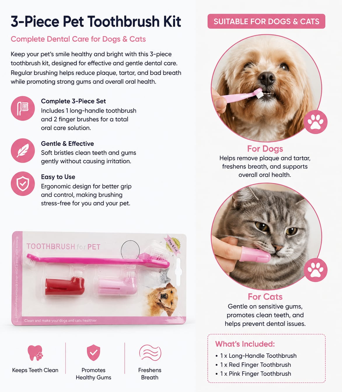 3-Piece Pet Toothbrush Kit for Dogs & Cats