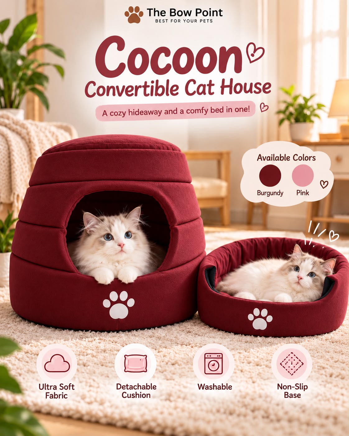 Cocoon Convertible Pet House – Cat House with Cushion